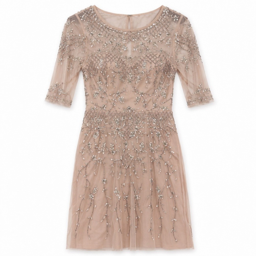 Adrianna Papell Sequin Beaded Mesh Sheath Wedding Guest Y2K Silver Floral Fairy